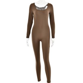 Sexy Soft High Elastic Long-sleeved Tights Trousers Jumpsuit (Option: L-Khaki)