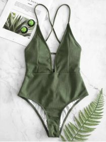 Solid Color Bikini Conservative Hot Spring Backless Lace Up One-piece Swimsuit Ladies (Option: Olive Green-S)