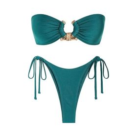 Tube Top Bikini Metal Buckle Swimsuit Women (Option: Green-S)