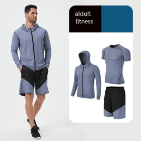 Fitness Suit Men's Morning Running Night Running Sports Quick-drying Five-piece Tights Foot Basketball Training Wear Wholesale (Option: Blue Coat Three Set-5XL)