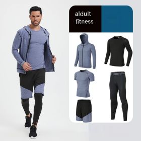 Fitness Suit Men's Morning Running Night Running Sports Quick-drying Five-piece Tights Foot Basketball Training Wear Wholesale (Option: Space Blue 5piece-M)