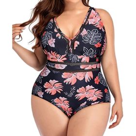 Women's Plus Size Siamese Swimming Mesh Fabric Stitching Printing Plus-sized Swimsuit Bikini (Option: Print-S)