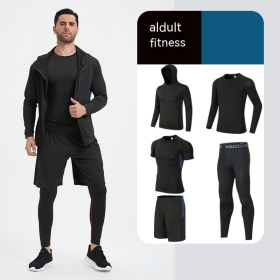 Fitness Suit Men's Morning Running Night Running Sports Quick-drying Five-piece Tights Foot Basketball Training Wear Wholesale (Option: Black And Blue 5 Pieces-M)