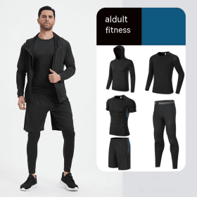 Fitness Suit Men's Morning Running Night Running Sports Quick-drying Five-piece Tights Foot Basketball Training Wear Wholesale (Option: Black And Blue 5 Pieces-5XL)