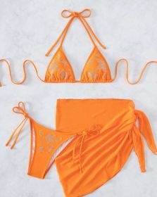 Bikini Swimsuit New Sexy Rhinestone Gauze Skirt Three-piece Suit Split (Option: Orange-S)