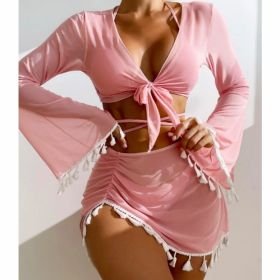 New European And American Conservative Four-piece Solid Color Tassel Blouse Mesh Skirt Bikini Swimsuit For Women (Option: Pink-S)