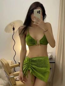 Velvet Pure Desire Bikini Net Red Thai Swimsuit Draw Rope Three-piece Set (Option: Green-M)