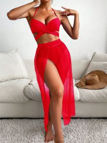 Three Piece Swimsuit Bikini Tulle Skirt Sexy Lady (Option: Red-S)