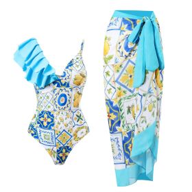 Women's One-shoulder Ruffled Siamese Bandage Dress-style Two Piece Swimsuit (Option: Blue-S)