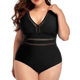 Women's Plus Size Siamese Swimming Mesh Fabric Stitching Printing Plus-sized Swimsuit Bikini (Option: Black-S)