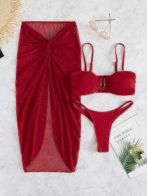 Multicolor Bikini Three-piece Set Long Culottes Yarn French Style (Option: Wine Red-S)