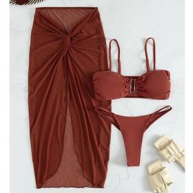 Multicolor Bikini Three-piece Set Long Culottes Yarn French Style (Option: Brown-S)