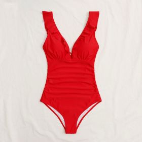 Triangle One-piece Women's Lace V-neck Pure Color Bikini Swimsuit (Option: Red-S)