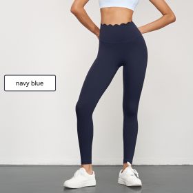 Elastic Sports Yoga Pants Women's Abdominal-shaping High Waist Peach Hip Sports Tights Anti-chic No T-line Fitness Pants (Option: Navy Blue-L)