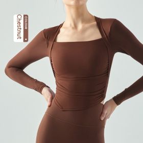 Fake Two-piece Yoga Clothes Long Sleeve Semi-fixed Water Drop Cup Pleating Slim Fit Sports T-shirt (Option: Chestnut-M)