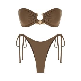 Tube Top Bikini Metal Buckle Swimsuit Women (Option: Brown-M)
