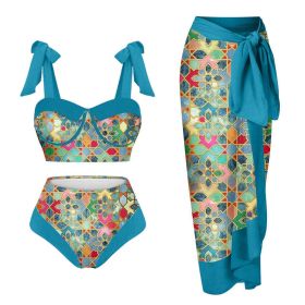 Women's Printing Split Swimsuit Suit (Option: Light Blue Pattern-L)