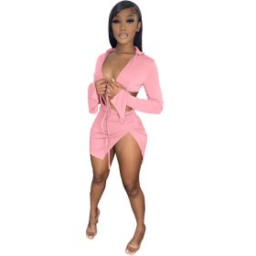 Women's Spring And Summer Lace-up Long-sleeved Swimsuit Suit (Option: Pink-XL)