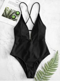 Solid Color Bikini Conservative Hot Spring Backless Lace Up One-piece Swimsuit Ladies (Option: Black-XL)
