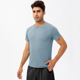 Men's Loose Running Quick Drying Clothes Round Neck T-shirt Sweat-absorbent Breathable Fitness Sports Casual Short Sleeve Clothes (Option: Gray Blue-XL)