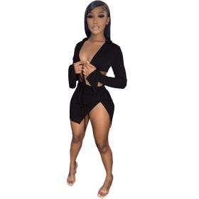 Women's Spring And Summer Lace-up Long-sleeved Swimsuit Suit (Option: Black-XXL)