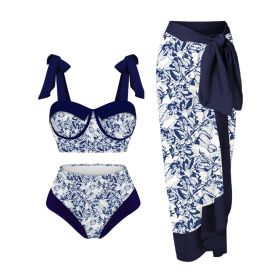 Women's Printing Split Swimsuit Suit (Option: Blue Flower-XXL)